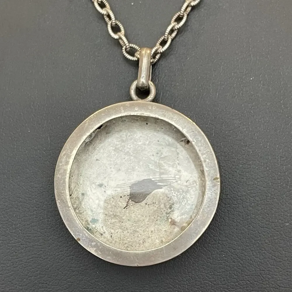 Antique Vintage Sterling Silver Round Glass Photo Locket With Chain READ